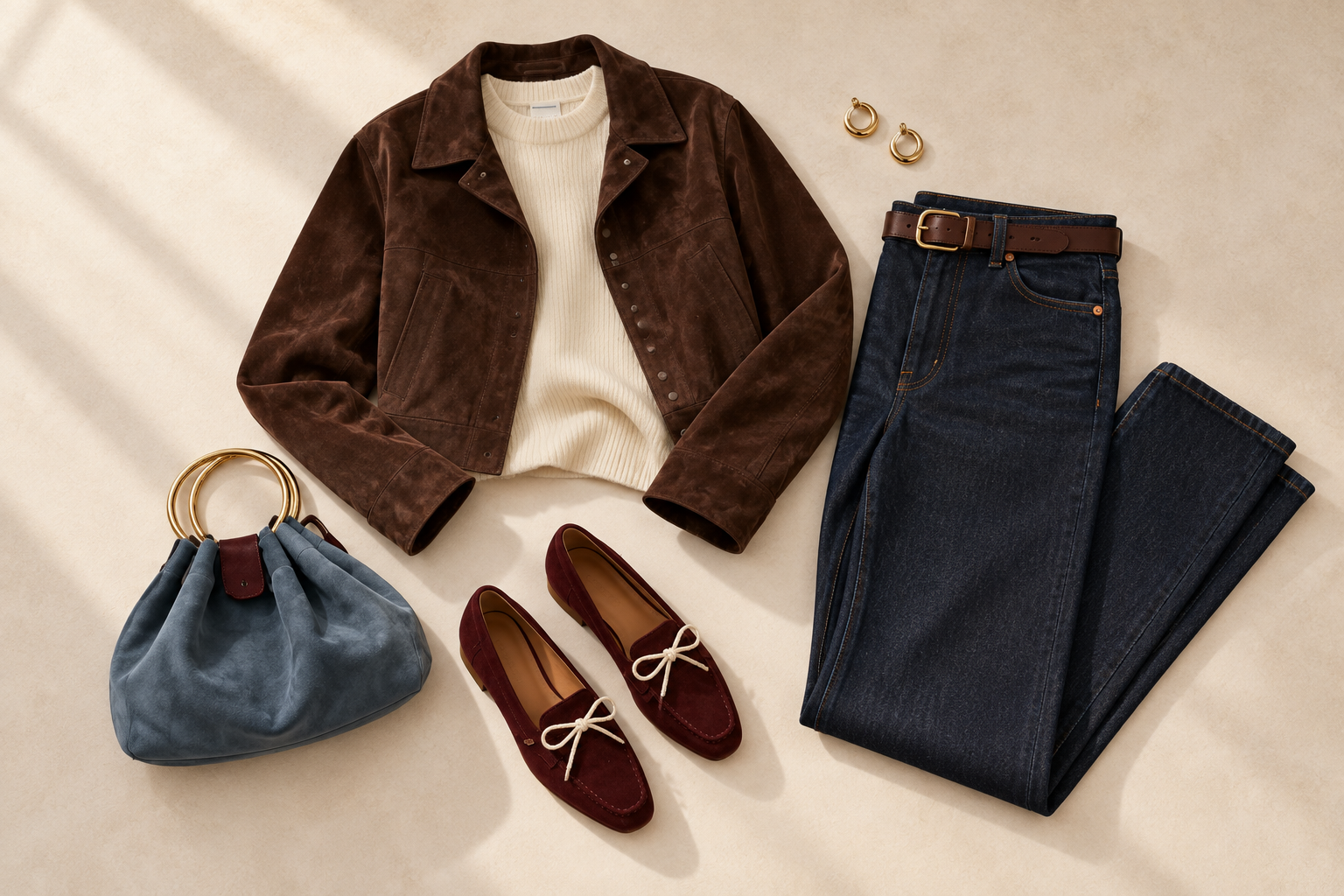 Brown suede jacket, ivory knit, dark jeans, blue bag and burgundy loafers arranged as a complete flat lay