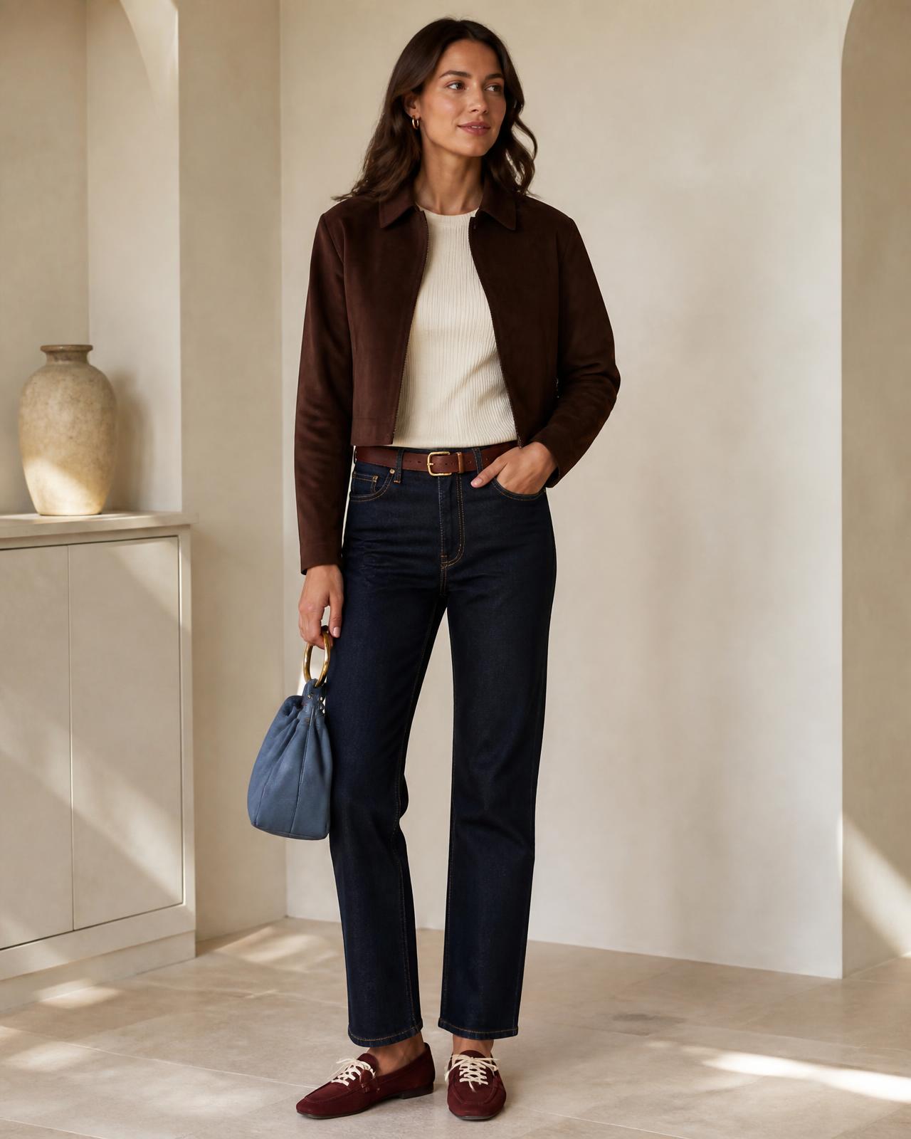The same brown suede jacket, ivory knit, dark jeans, blue bag and burgundy loafers worn as a complete look