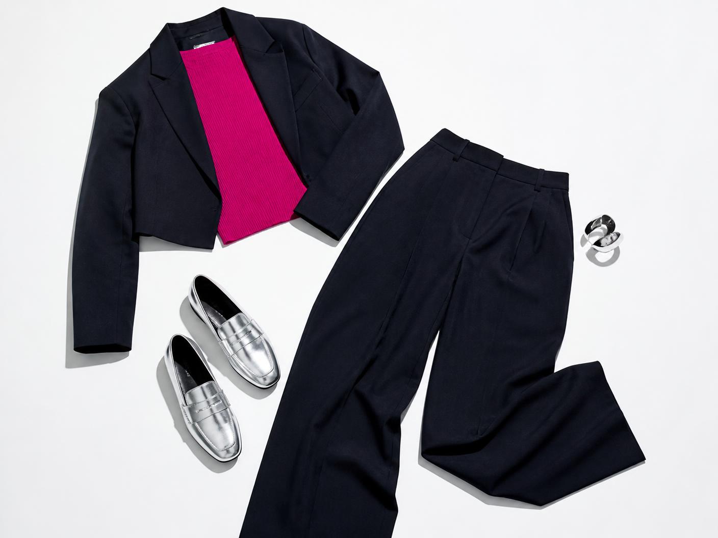 Fuchsia knit, dark tailoring and silver shoes arranged as a complete look
